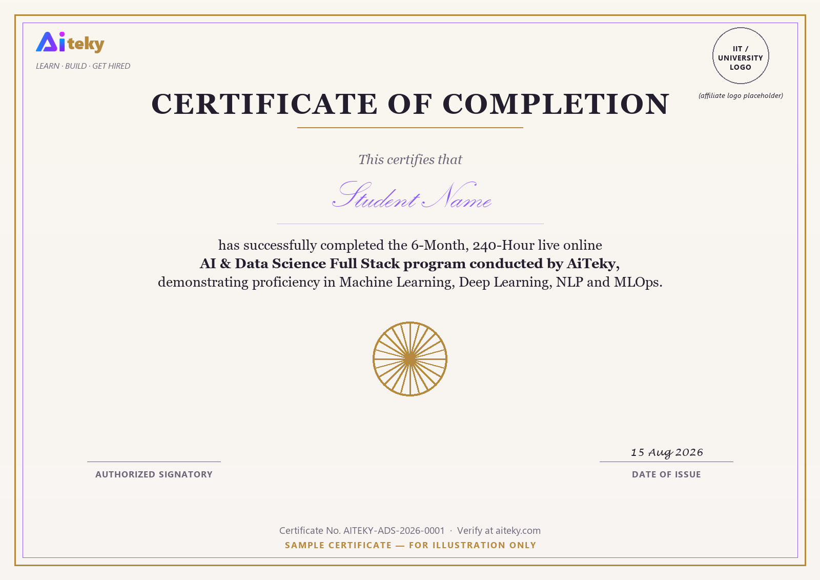 Sample AiTeky certificate of completion for the AI & Data Science Full Stack course