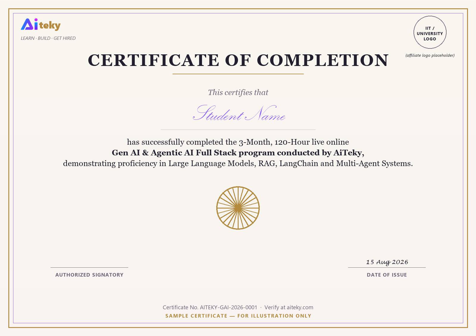 Sample AiTeky certificate of completion for the Gen AI & Agentic AI Full Stack course