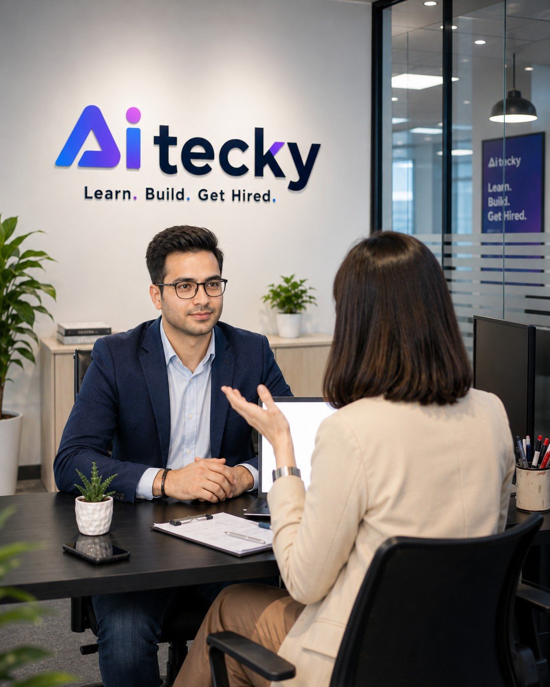 A mock interview session in the AiTeky office, a student and a career coach reviewing responses as part of placement assistance